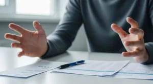 Maaş haczi sürecinde borçlu bir kişinin ofis ortamında belgeleri ve bordrosunu incelemesi, maaş kesintisi ve finansal yükümlülükleri görselleştiren 16:9 formatlı fotoğraf.