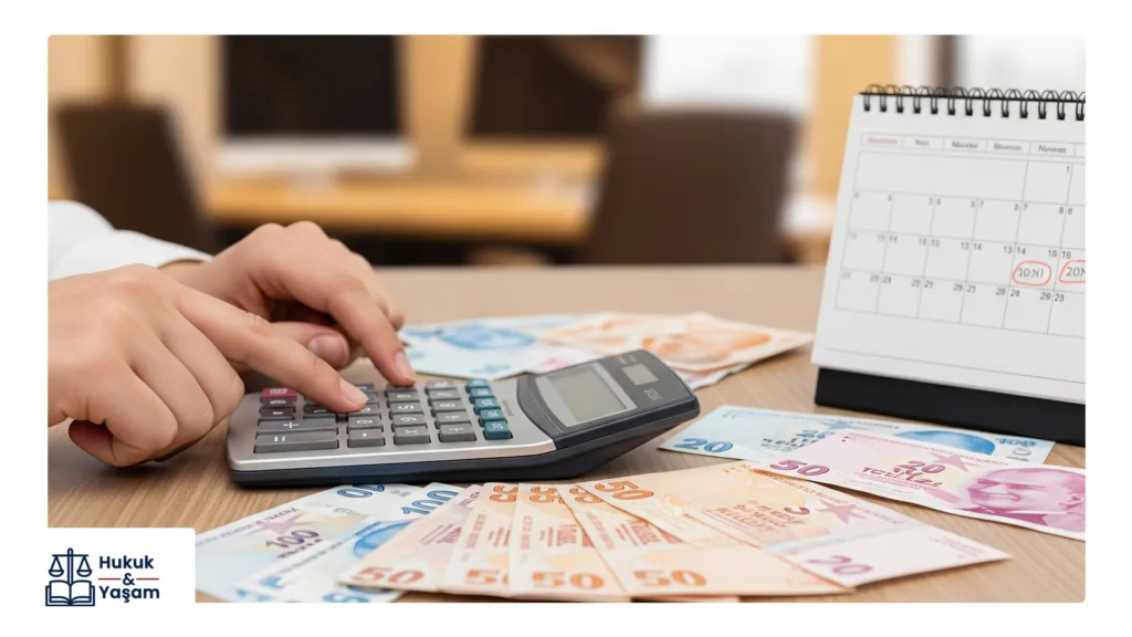 Kıdem tazminatı hesaplama adımları, bir hesap makinesi ve Türk Lirası banknotları kullanılarak gösteriliyor.