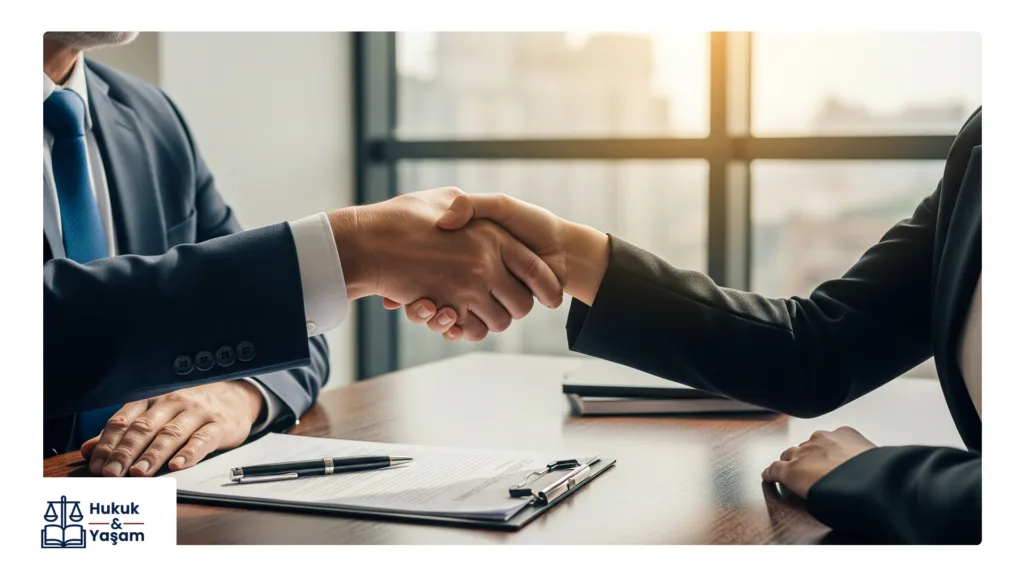 İş sözleşmesi feshini ve kıdem tazminatı ödemesini sembolize eden işveren ve işçi el sıkışması.